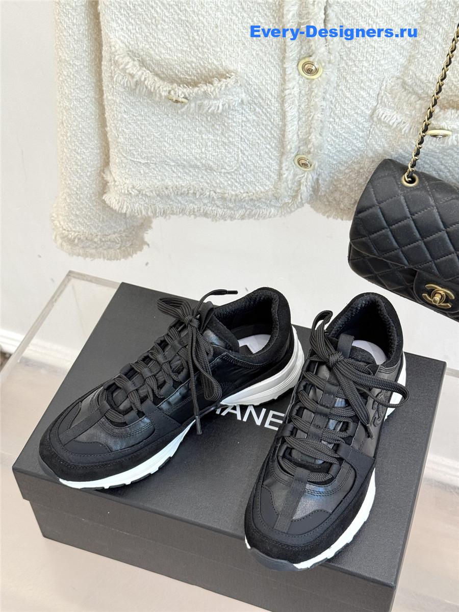 Ch**el laminated calfskin suede black trainers