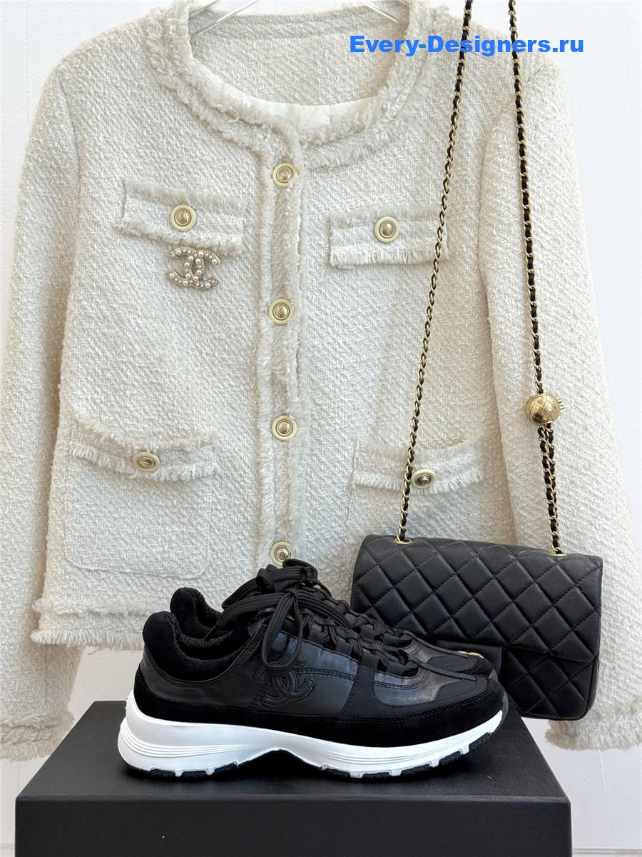 Ch**el laminated calfskin suede black trainers