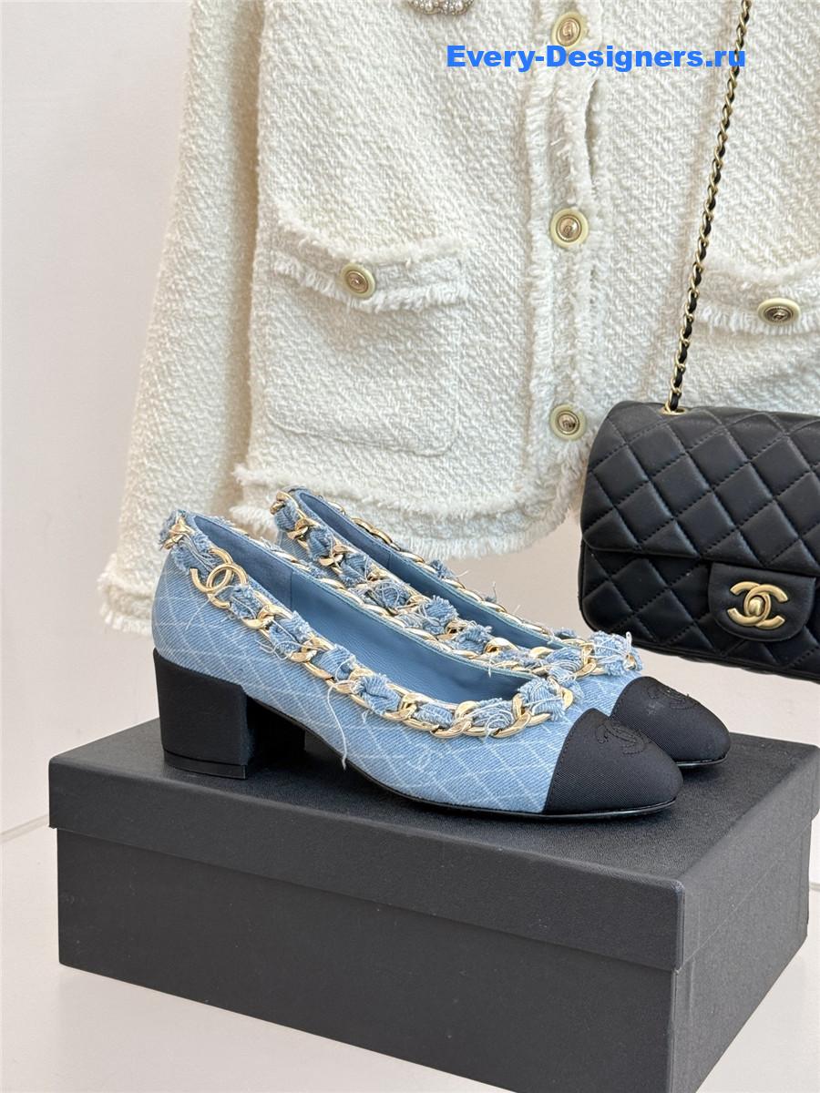 Ch**el blue tweed chain pumps