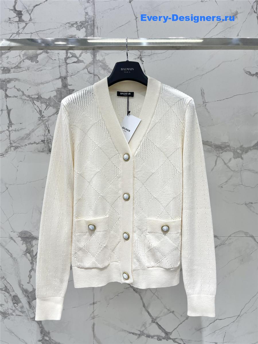 Balmain White Emblème Cardigan