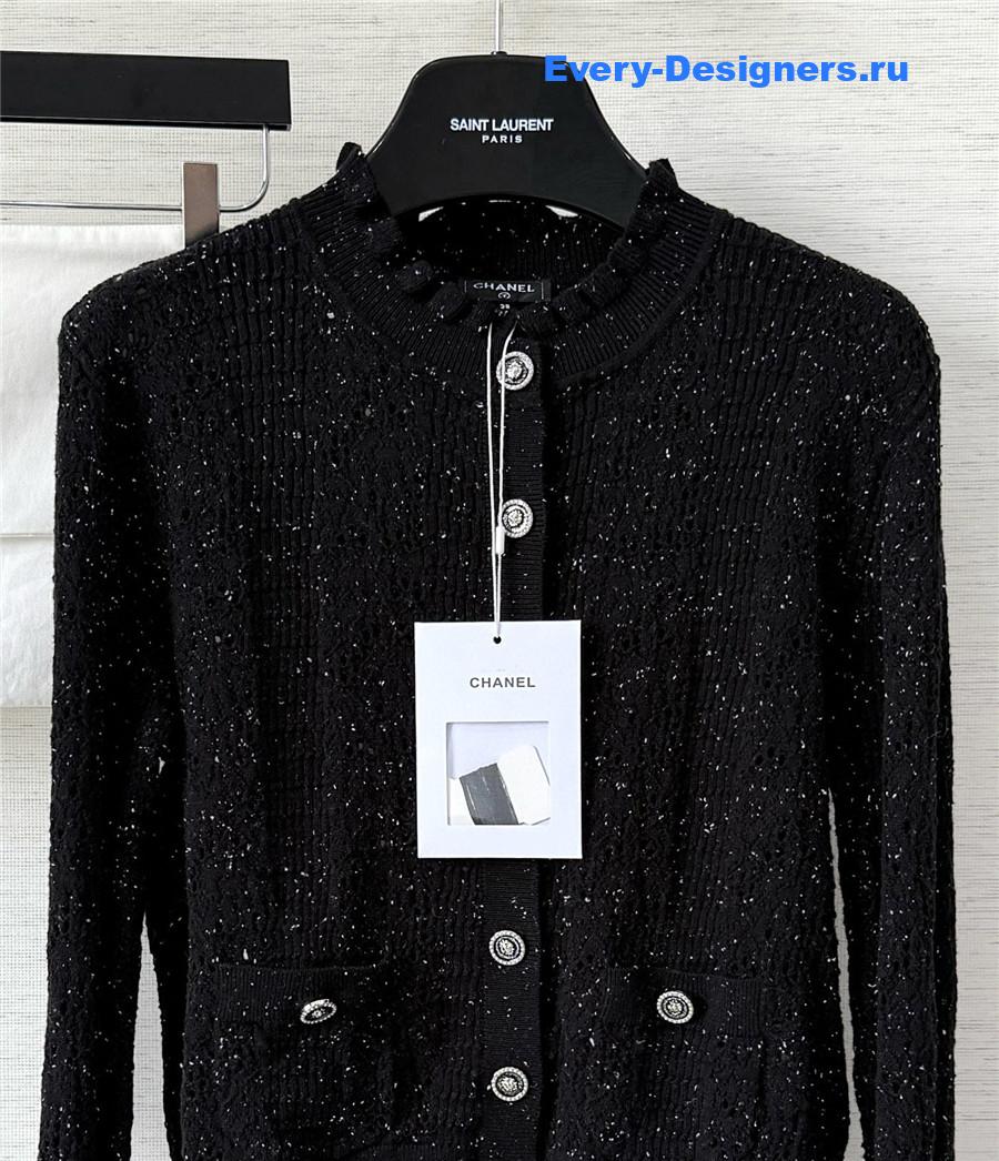 Ch**el black wool sequin hollow knit cardigan