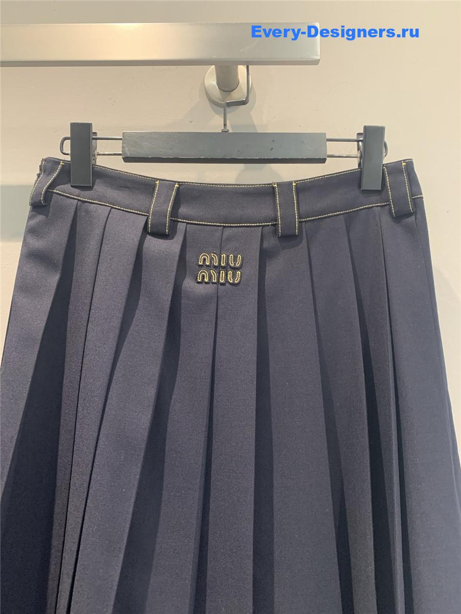 Miu Miu Navy Pleated Batavia Skirt