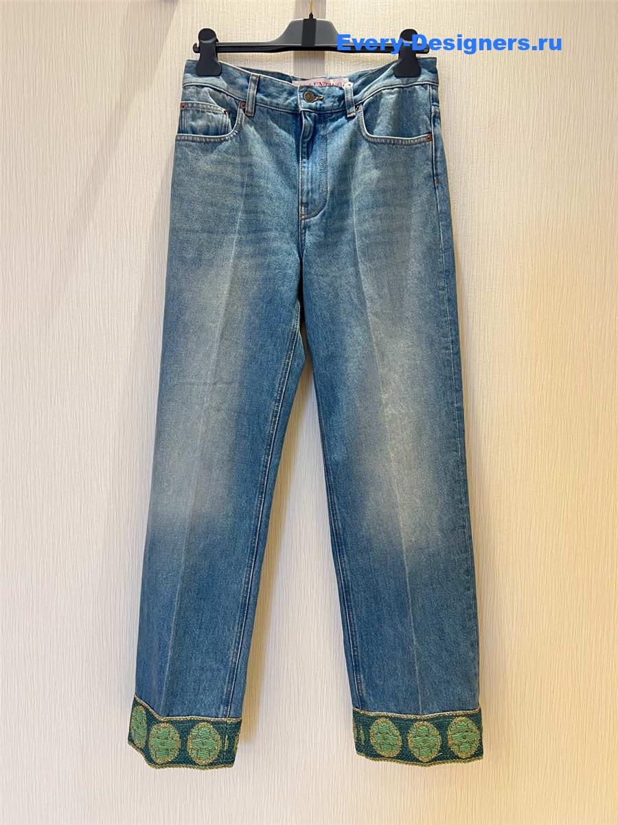 Va1e*ntin0 jacquard-trimmed wide-leg jeans