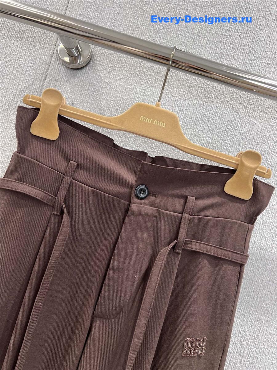 Miu Miu Floral Waistband Lace-Up Trousers In Brown