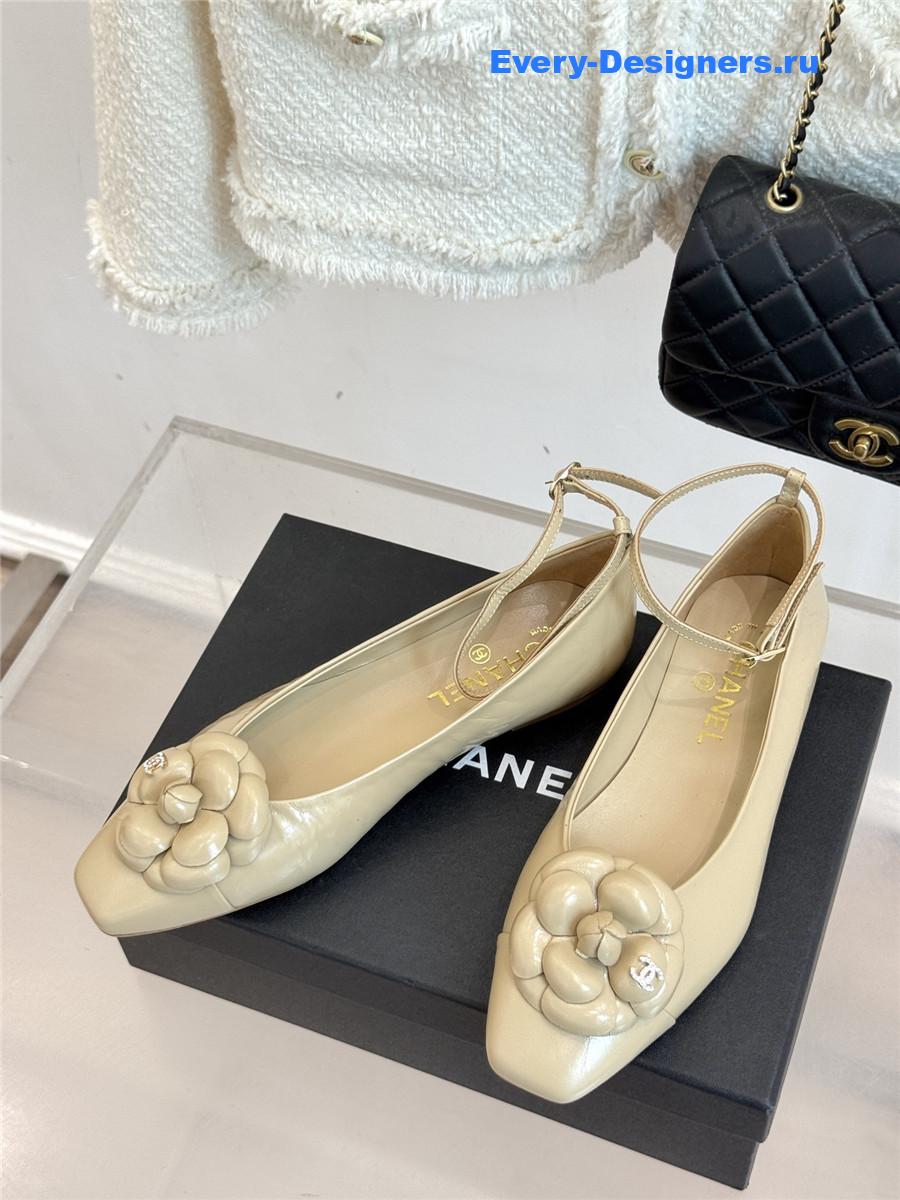 Ch**el beige camellia mary jane flats