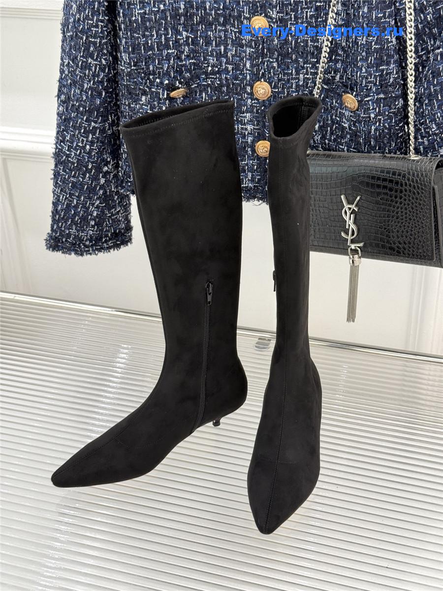 The R0w black suede pointy toe knee-high boots