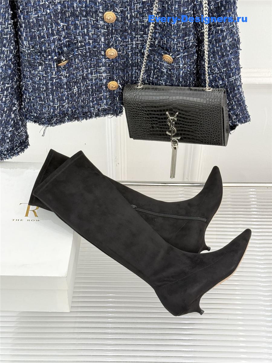 The R0w black suede pointy toe knee-high boots