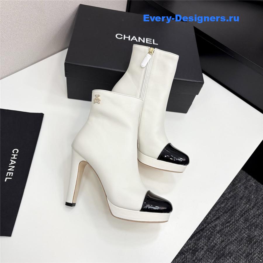 Ch**el lambskin cap toe high heel boots white