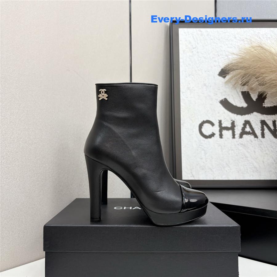Ch**el black lambskin cap-toe heel boots