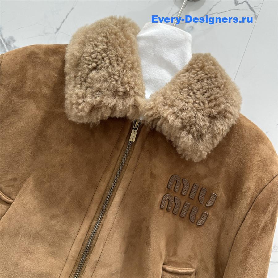 Miu Miu Brown Shearling-Trimmed Cropped Suede Jacket