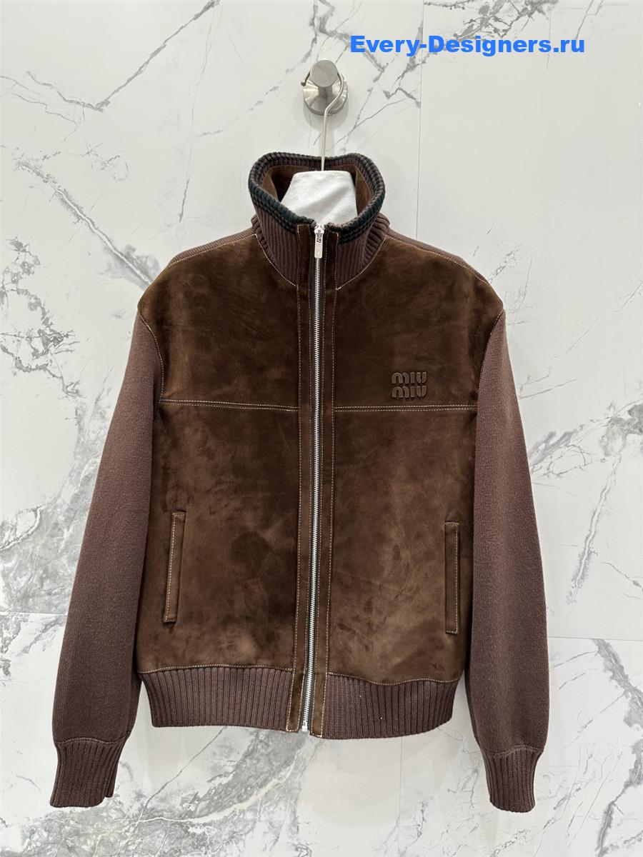 Miu Miu Brown Suede-Insert Ribbed Cardigan