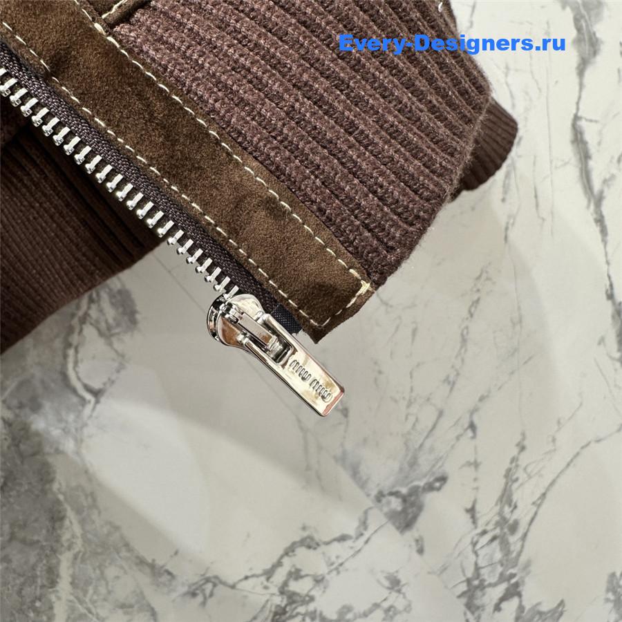 Miu Miu Brown Suede-Insert Ribbed Cardigan