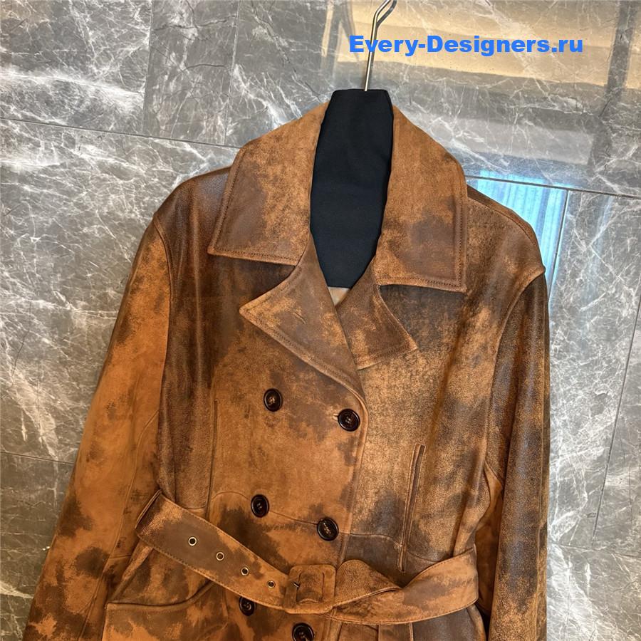 Miu Miu Cognac Double-breasted Waxed Suede Caban Jacket