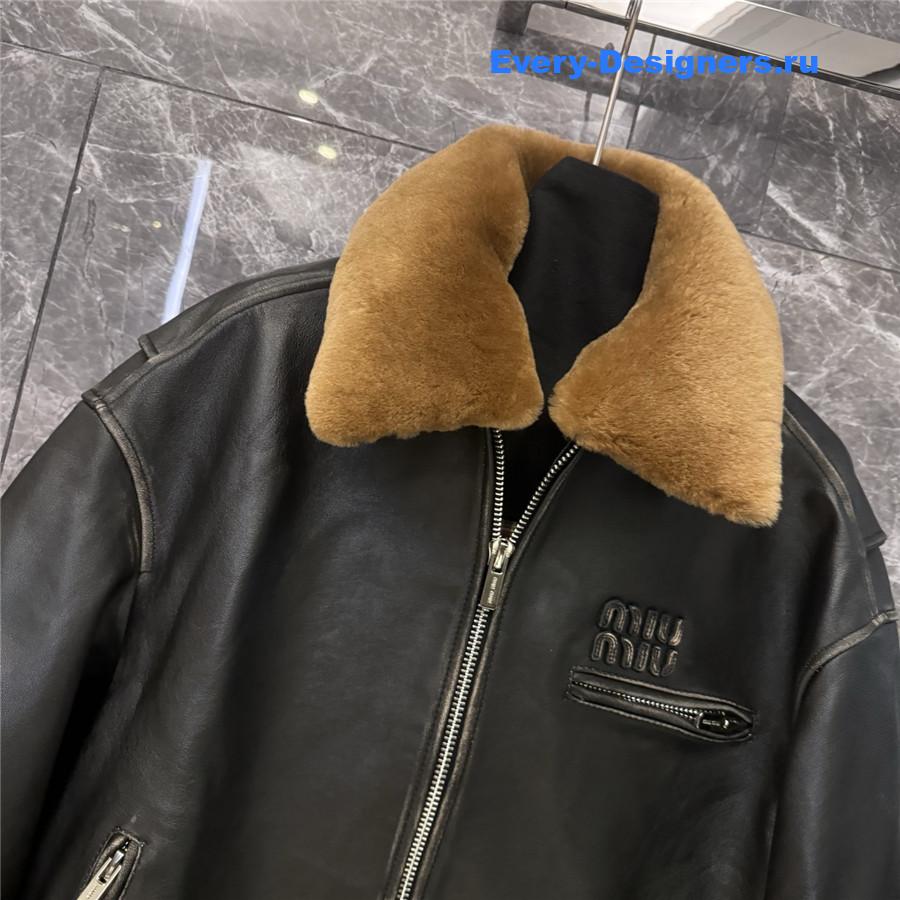 Miu Miu Lamb Shearling Collar Leather Jacket