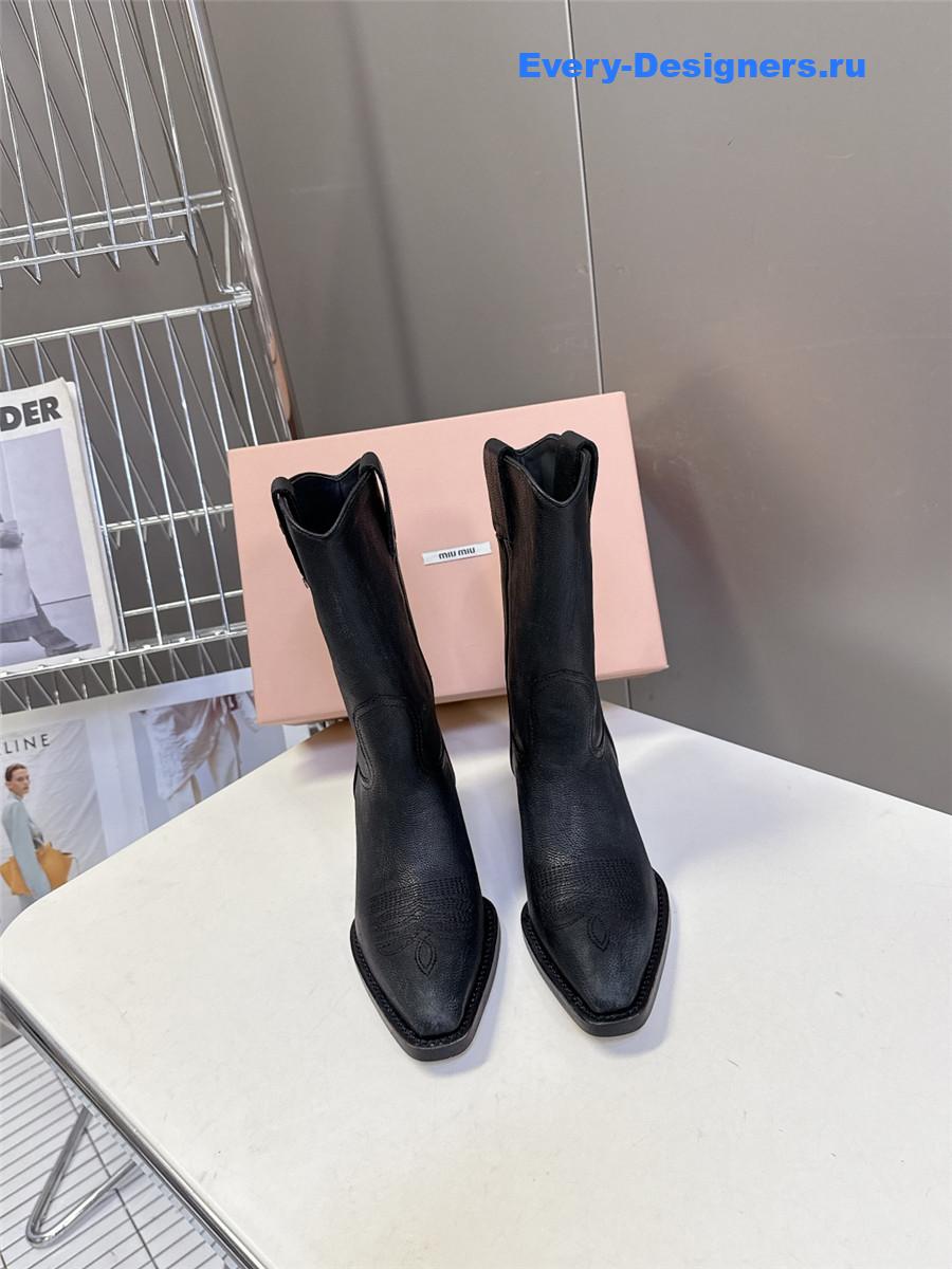 Miu Miu Campero Black Leather Cowboy Boots