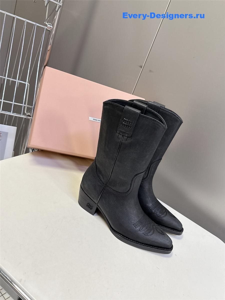 Miu Miu Campero Black Leather Cowboy Boots