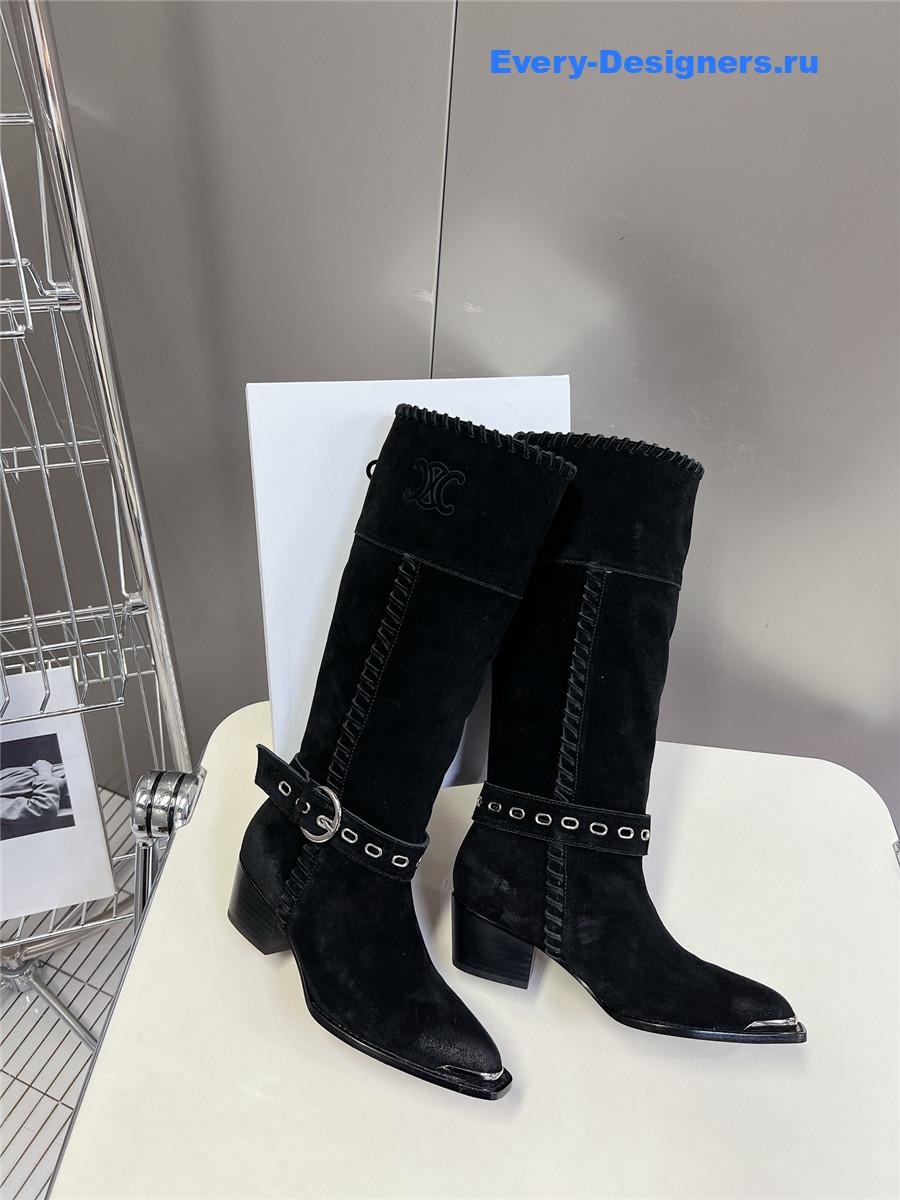 Ce1i*e pointed toe knee high black cowboy boots
