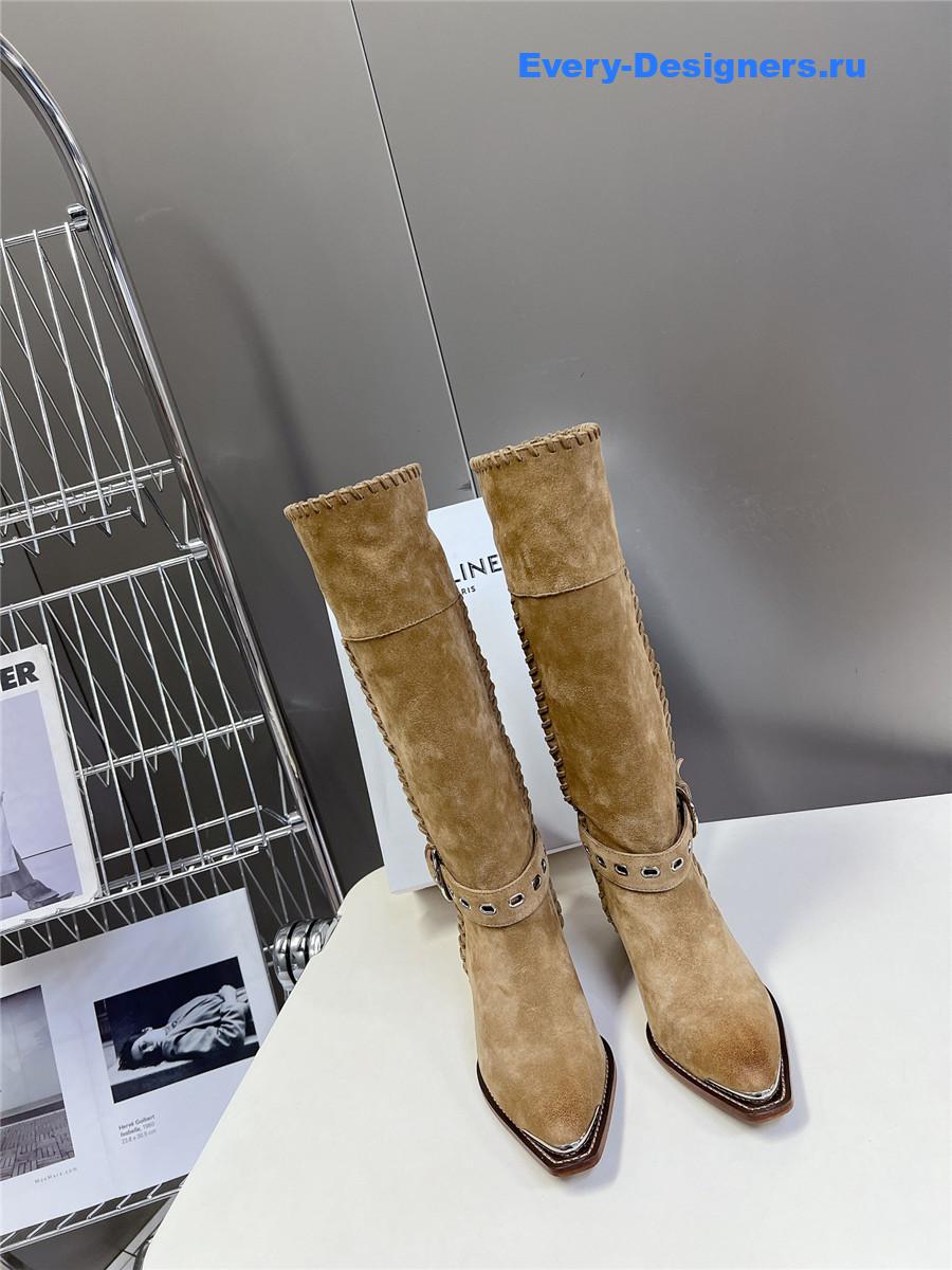 Ce1i*e pointed toe knee high beige cowboy boots