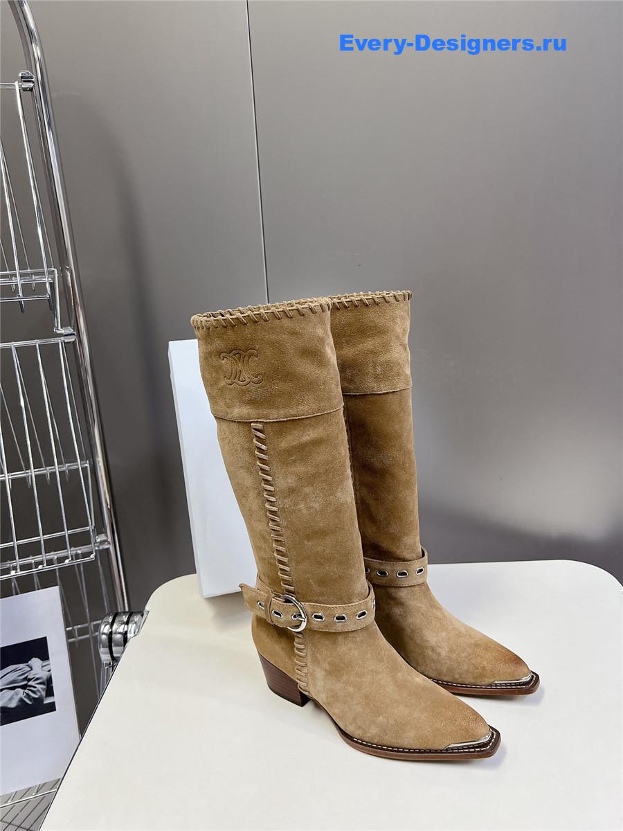 Ce1i*e pointed toe knee high beige cowboy boots