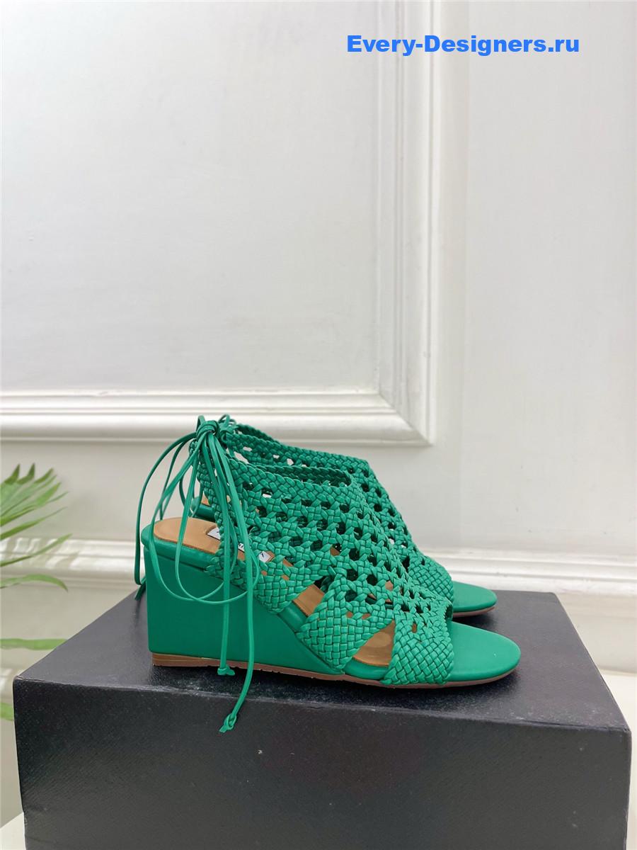 Alaia Green Hollow Woven Wedge Sandals
