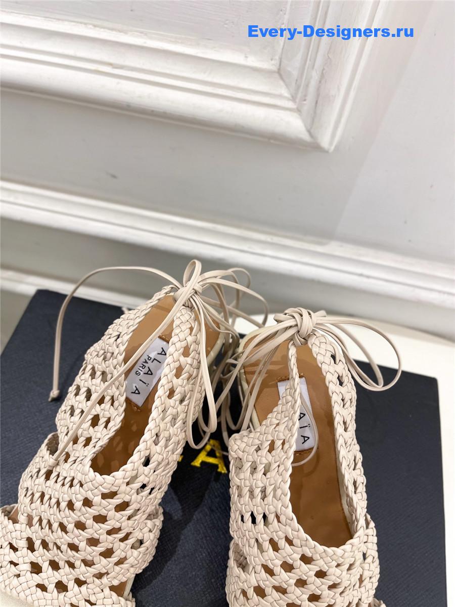 Alaia Milky White Hollow Woven Wedge Sandals