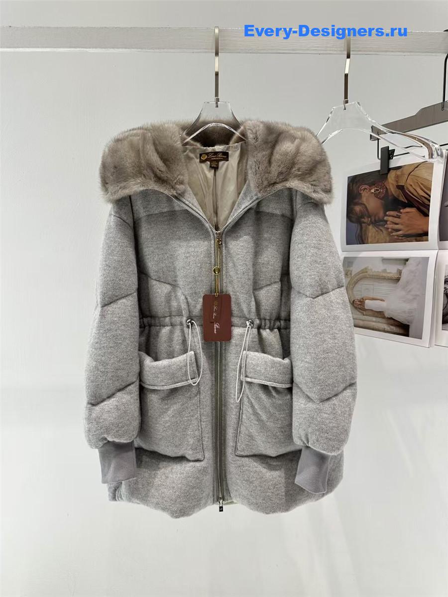 L0r0 P1ana gray mink cashmere crew neck hooded jacket