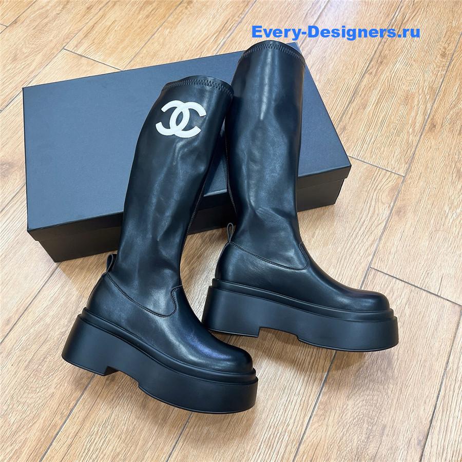 Ch**el cc logo black rubber knee high boots