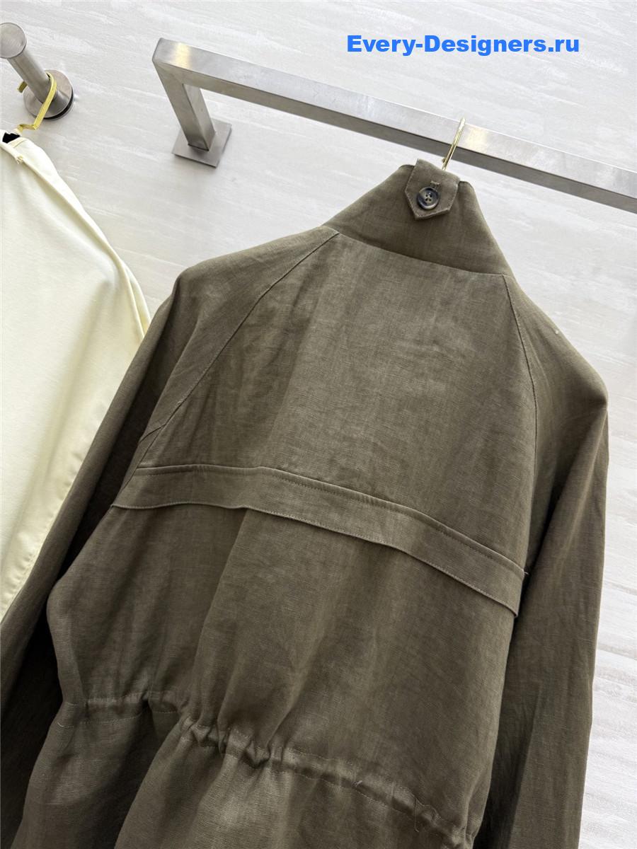 L0r0 P1ana green linen stand collar coat