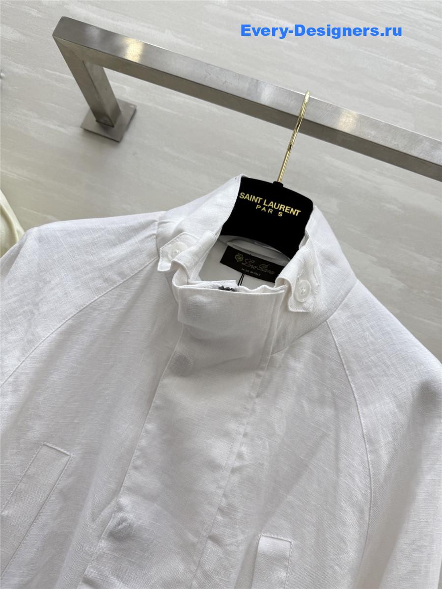L0r0 P1ana white linen stand collar coat