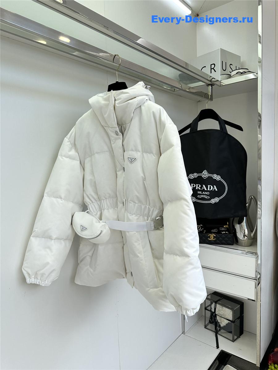 Pra*a white hooded belt bag down jacket