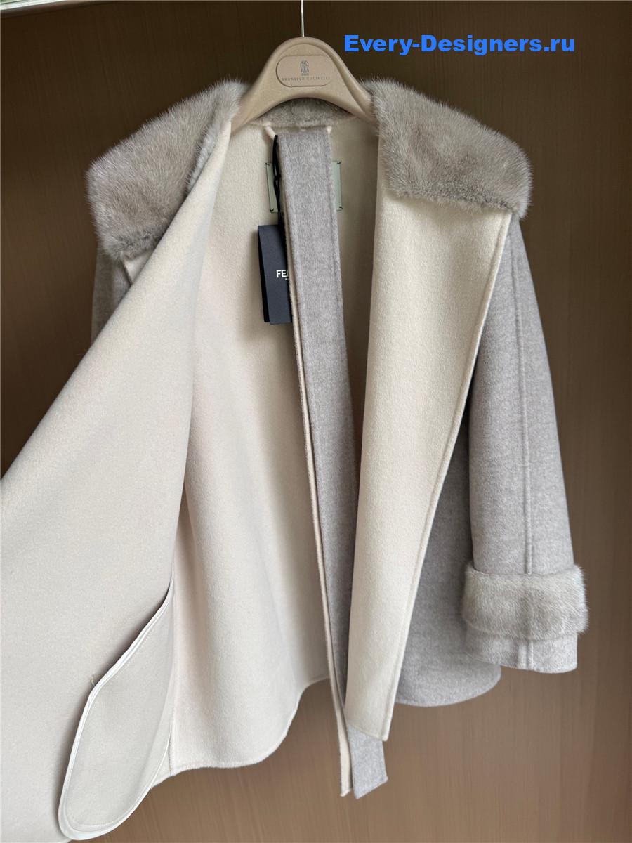 F**di mink collar grey cashmere coat