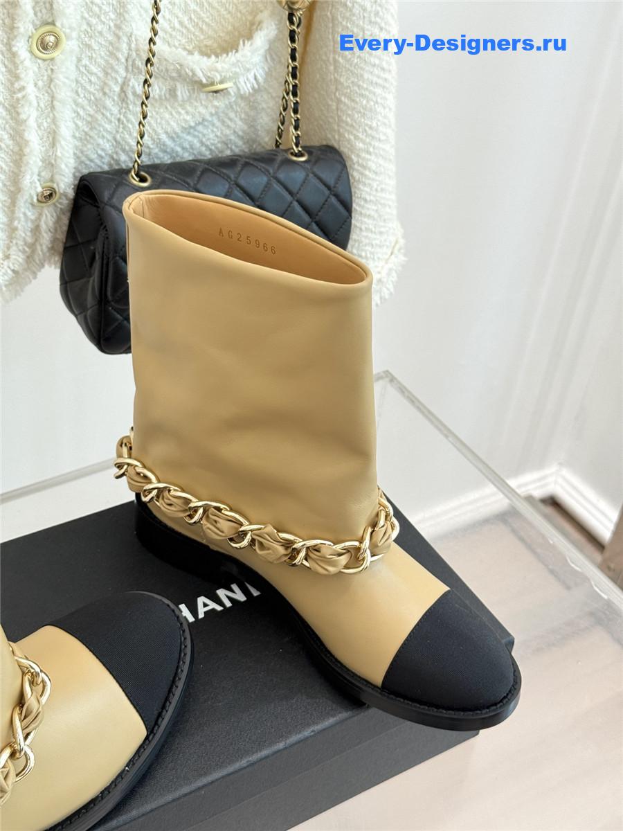 Ch**el beige leather black cap toe chain boots
