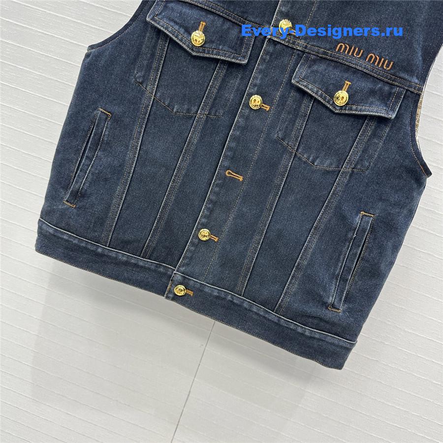 Miu Miu Navy Flocked Denim And Velvet Vest