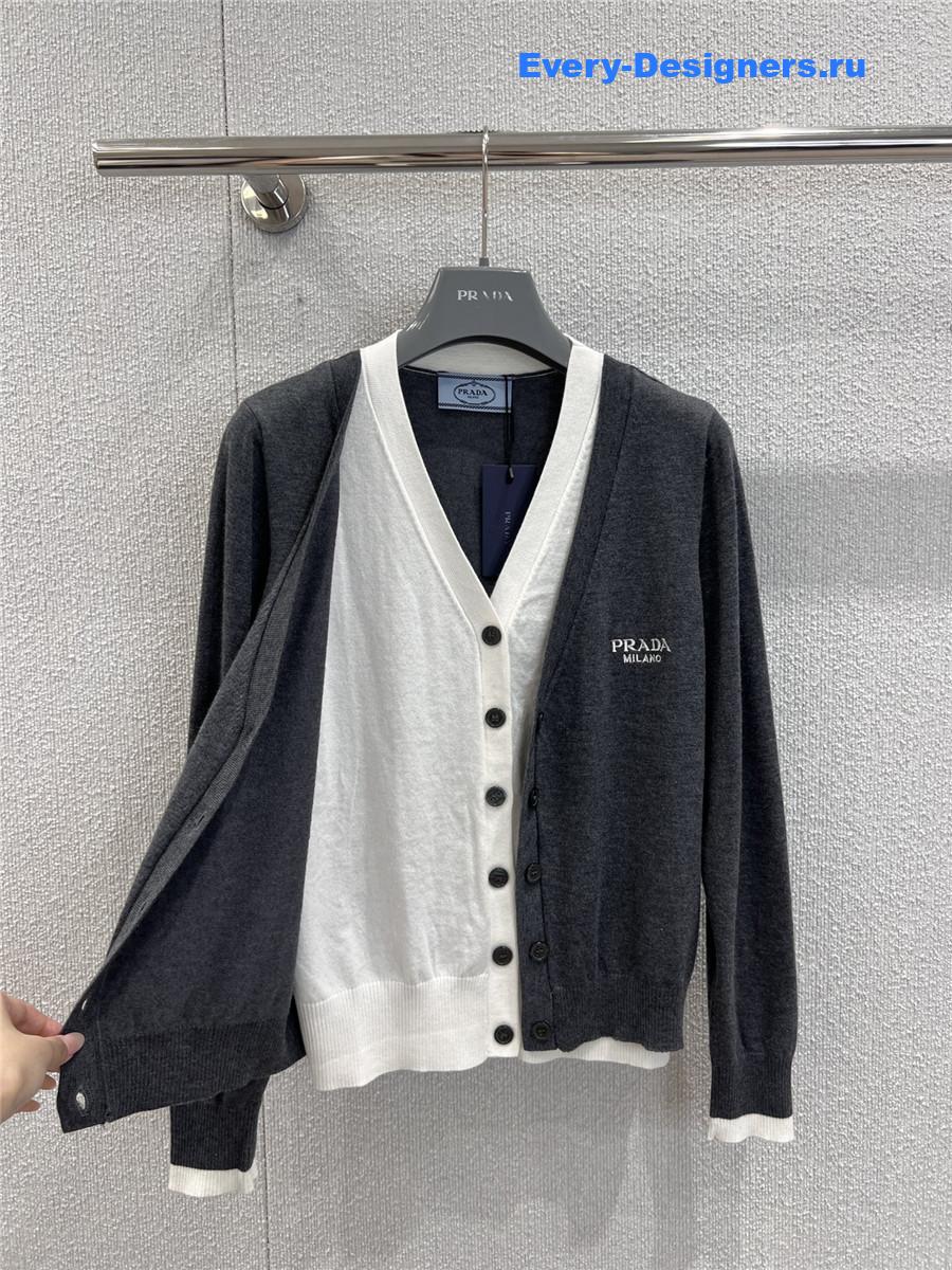 Pra*a grey/white v-neck cotton cardigan