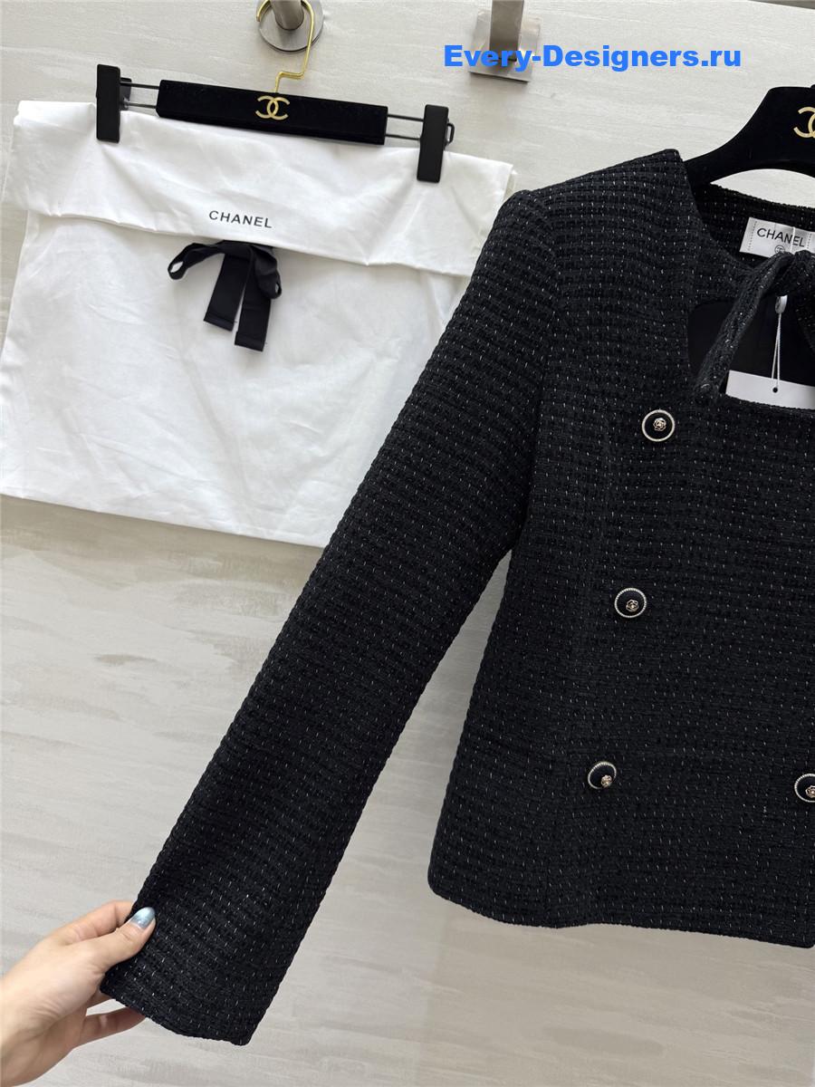 Ch**el black lace-up wool-woven soft tweed coat