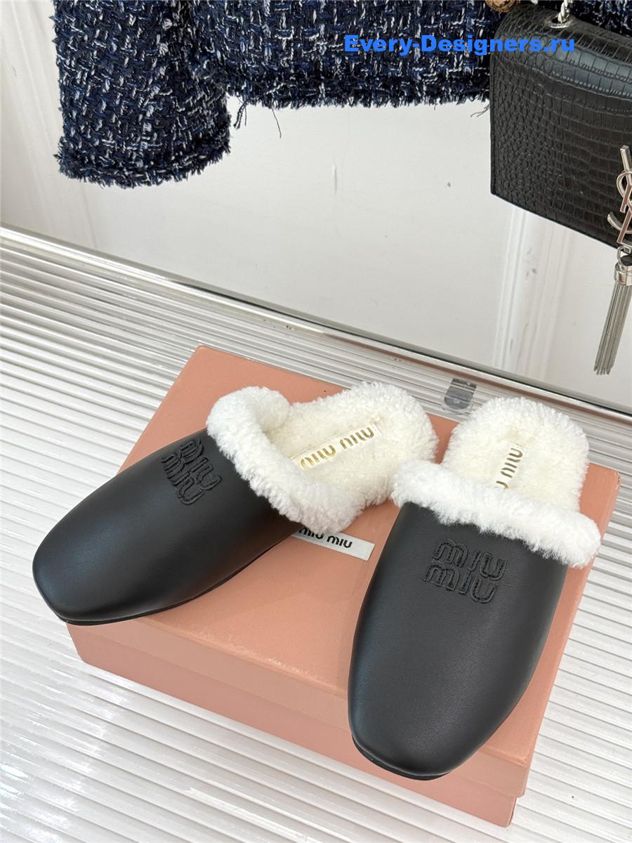 Miu Miu Black Suede Shearling-Lined Slides
