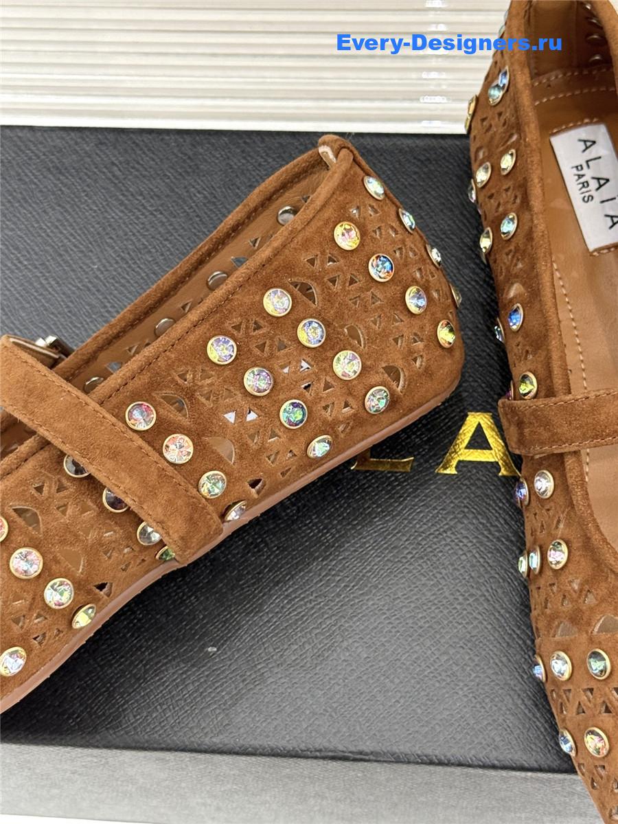 Alaia Crystal-embellished Brown suede ballet flats