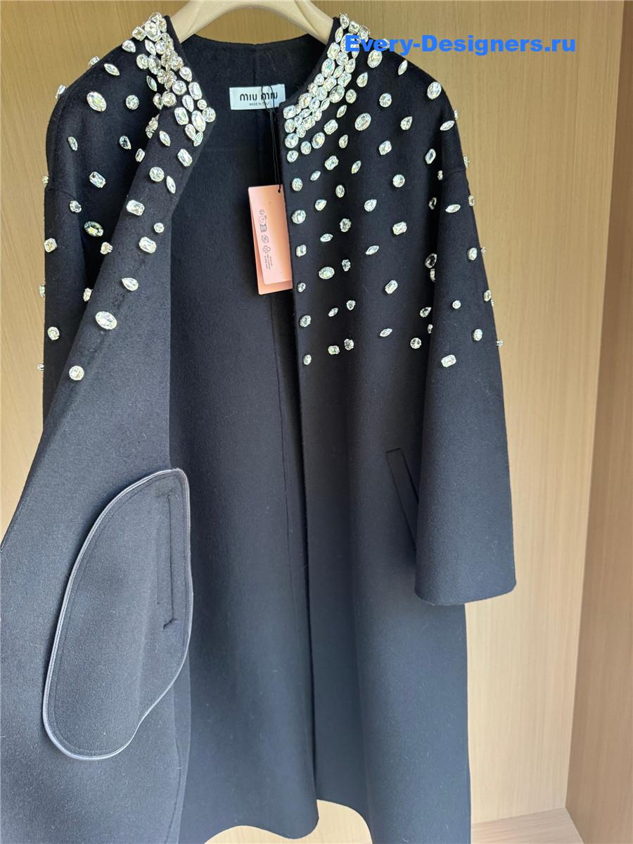Miu Miu Crystal-embellished Black Long Cape Coat