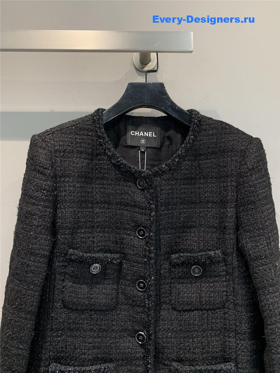 Ch**el multi-pocket woven dark gray tweed jacket