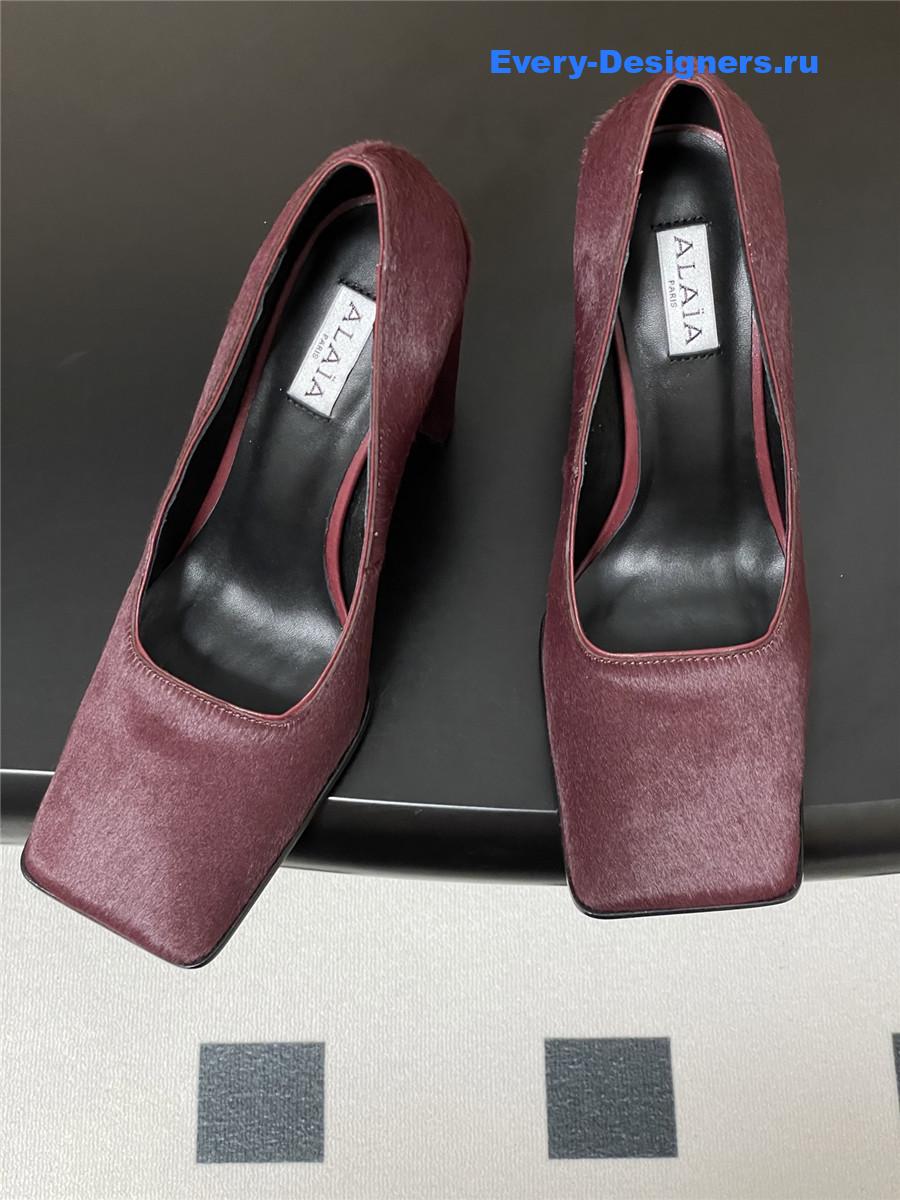 Alaia Burgundy Block Heel Square Toe Pumps
