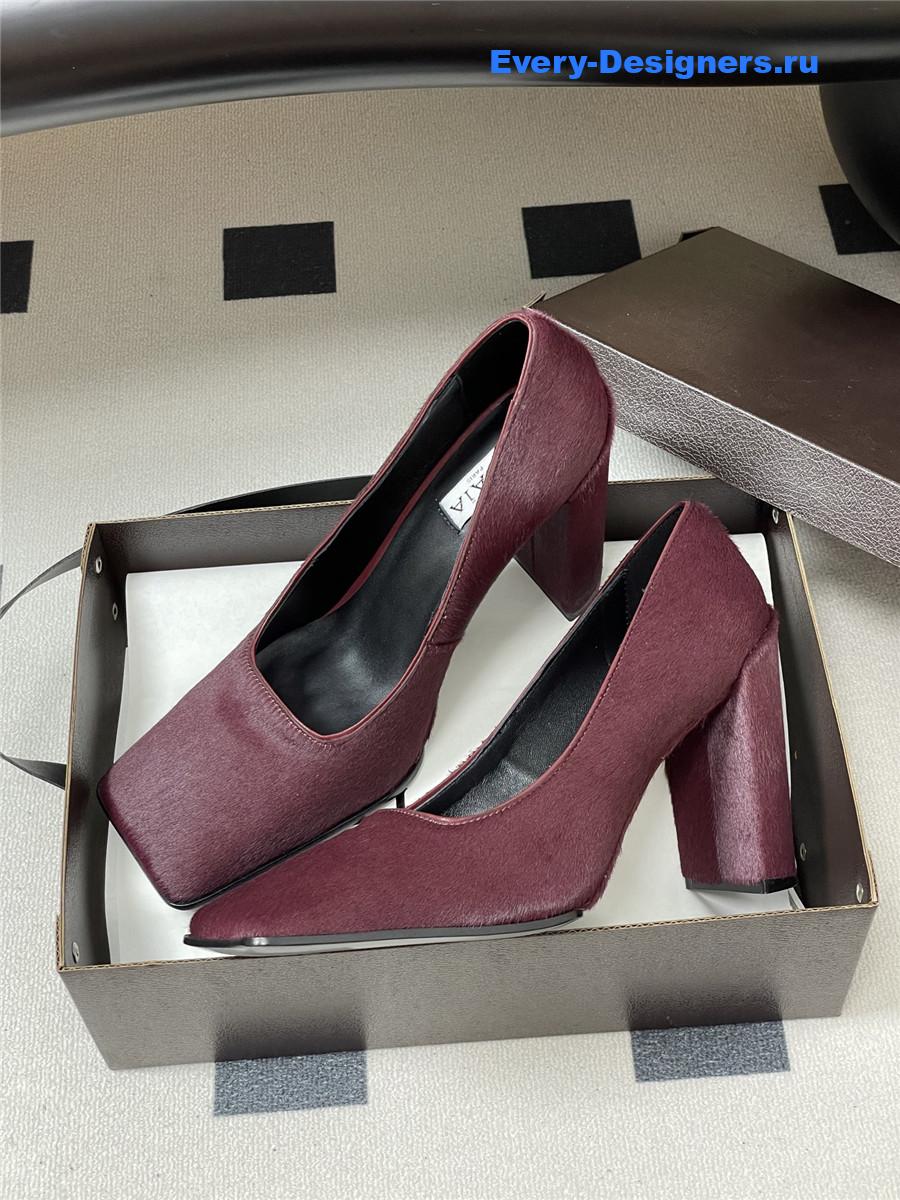 Alaia Burgundy Block Heel Square Toe Pumps