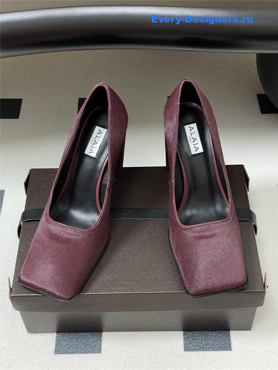 Alaia Burgundy Block Heel Square Toe Pumps