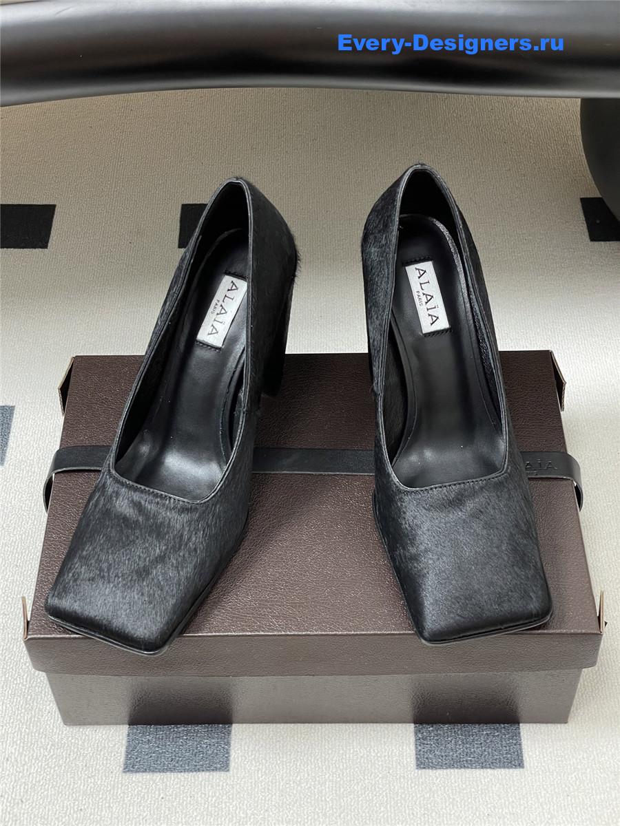 Alaia Black Block Heel Square Toe Pumps