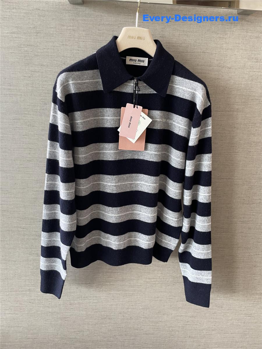 Miu Miu Navy Cashmere Polo Striped Sweater