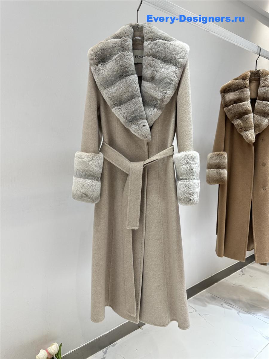 F**di beige real rex rabbit fur collar long trench coat