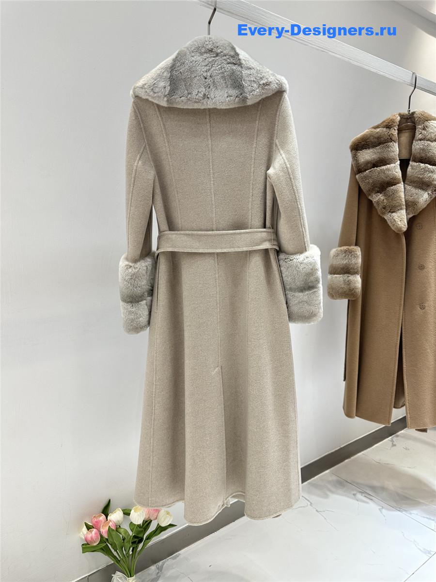 F**di beige real rex rabbit fur collar long trench coat
