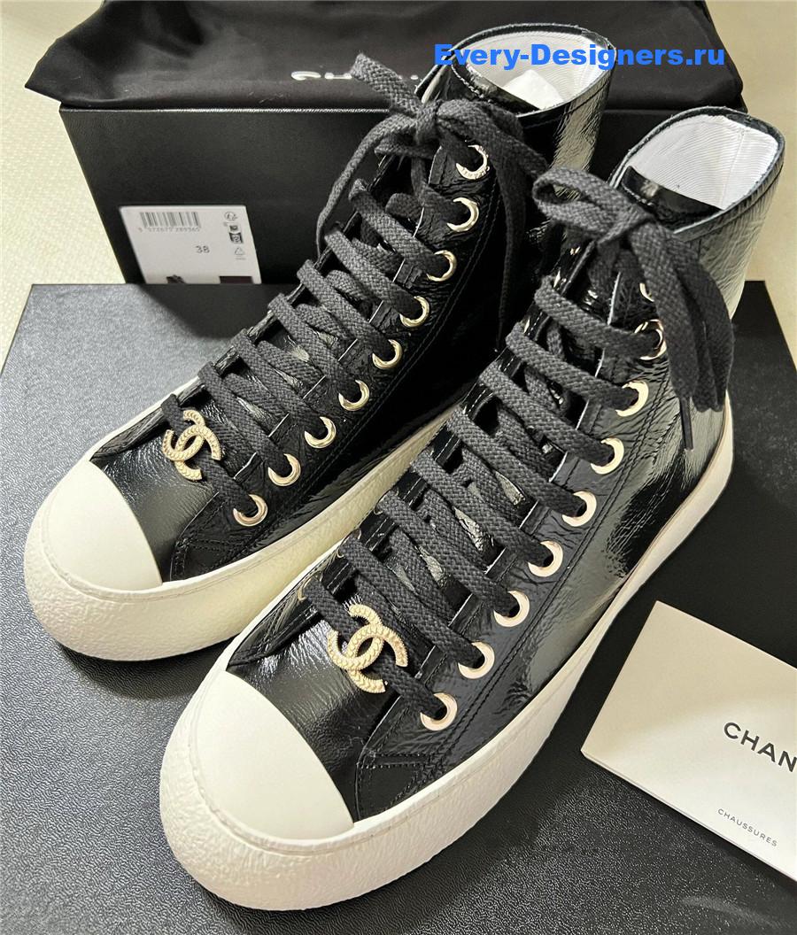 Ch**el high-top waxed leather lace-up sneakers