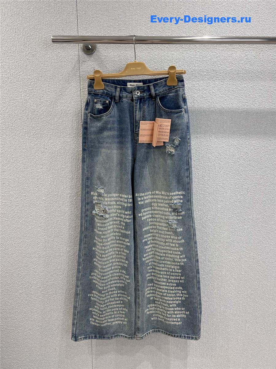 Miu Miu Lettering Print Ripped Denim Jeans