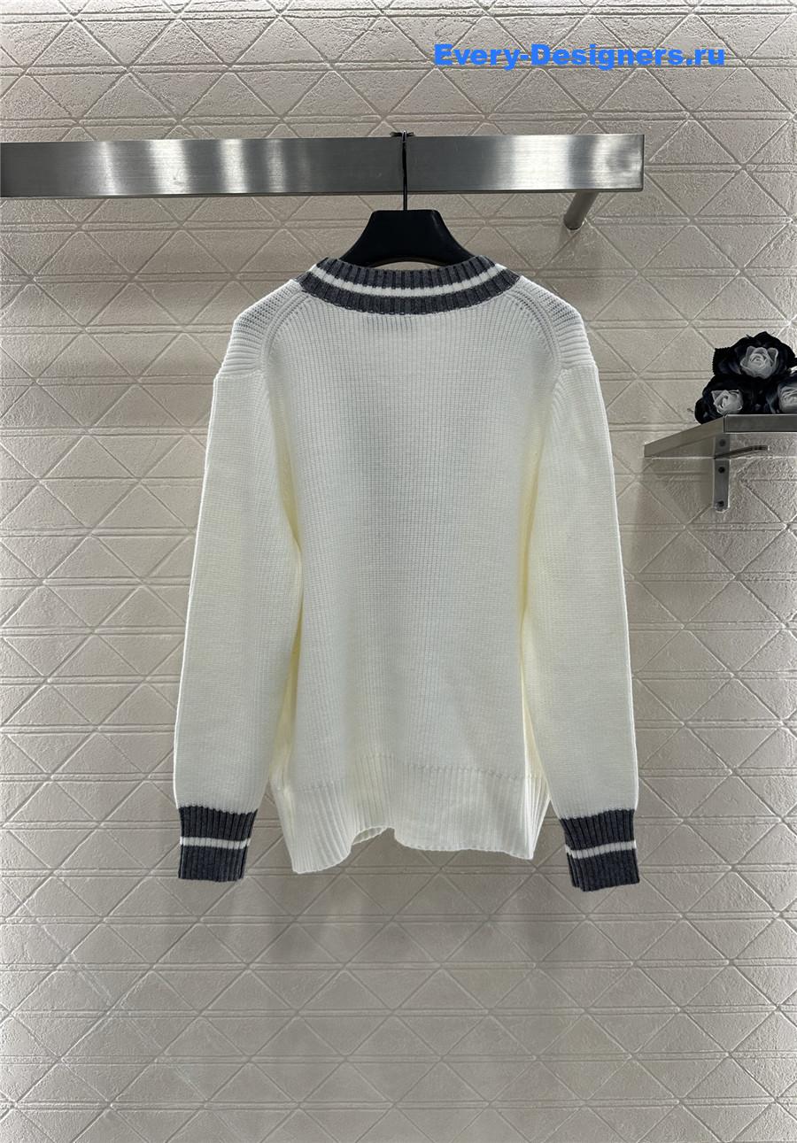 Miu Miu White Ribbed Knit V-neck Cardigan