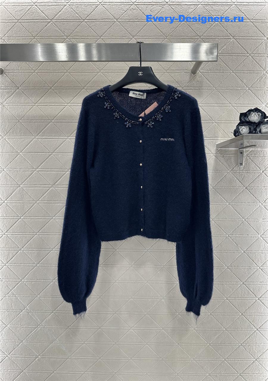 Miu Miu rhinestone navy knitted cardigan